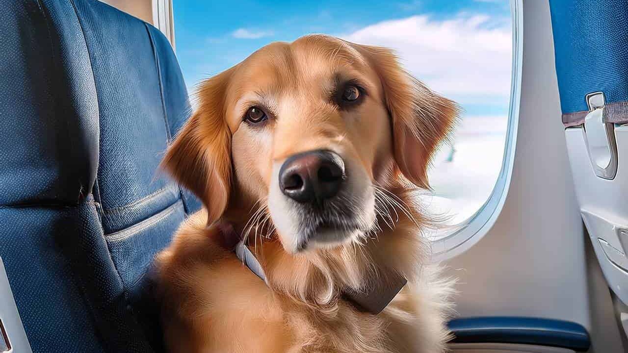 Golden Retreive no asento de avião - Credits SuoViaggio - Gen IA golden retreive no asento de avião credits suoviaggio gen ia