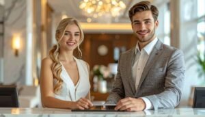 Elegantes casal sorridente na recepção de um hotel de alto padrão, transmitindo conforto e profissionalismo para bem-vindo ao SuoViaggio.