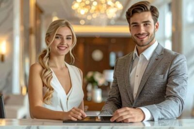 Elegantes casal sorridente na recepção de um hotel de alto padrão, transmitindo conforto e profissionalismo para bem-vindo ao SuoViaggio.