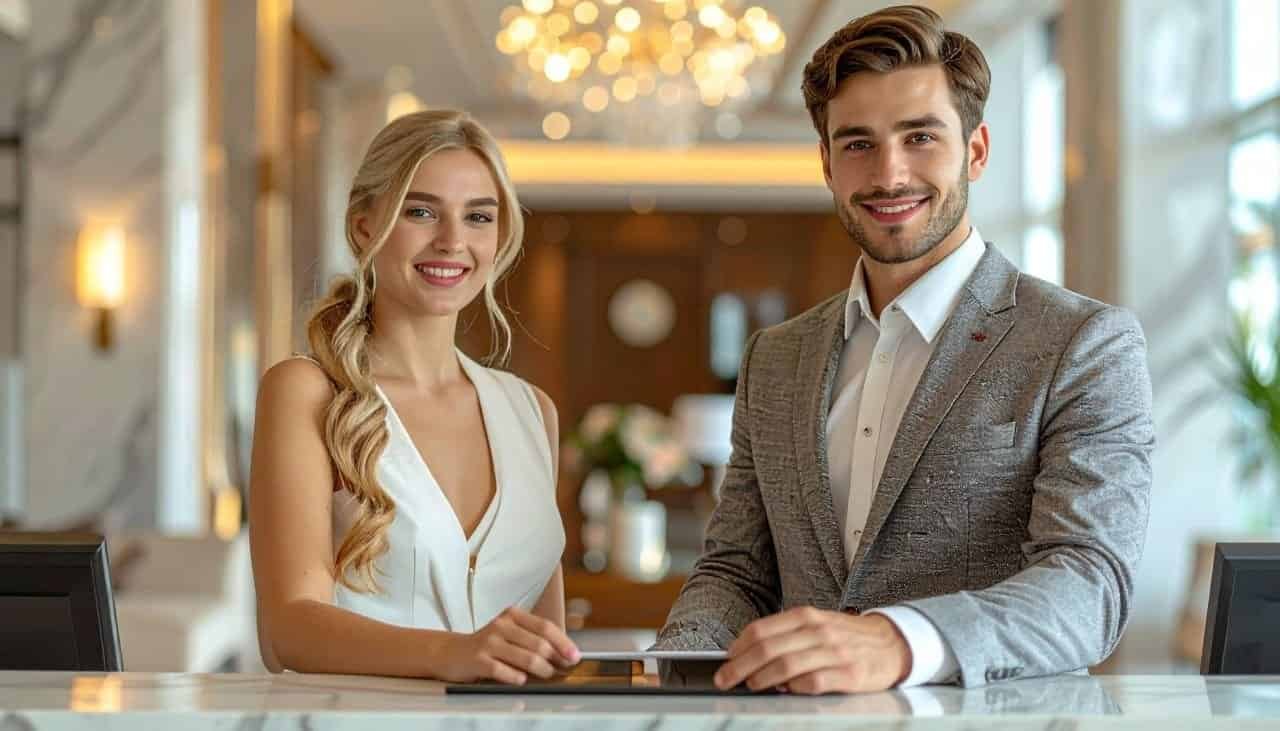 Elegantes casal sorridente na recepção de um hotel de alto padrão, transmitindo conforto e profissionalismo para bem-vindo ao SuoViaggio.