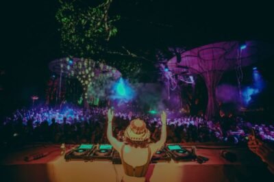 Viajante DJ tocando em festa ao ar livre à noite, com grande público, luzes coloridas e árvores decoradas, criando ambiente de festival ou evento musical na natureza no Brasil.