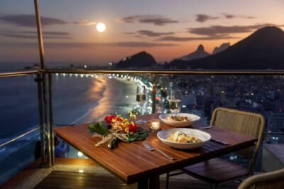 Molha quente com vista deslumbrante do pôr do sol na orla de rio de janeiro, jantar romântico no terraço do hotel, comida italiana e champanhe, cenário urbano e montanhas ao fundo, momento especial e inesquecível.