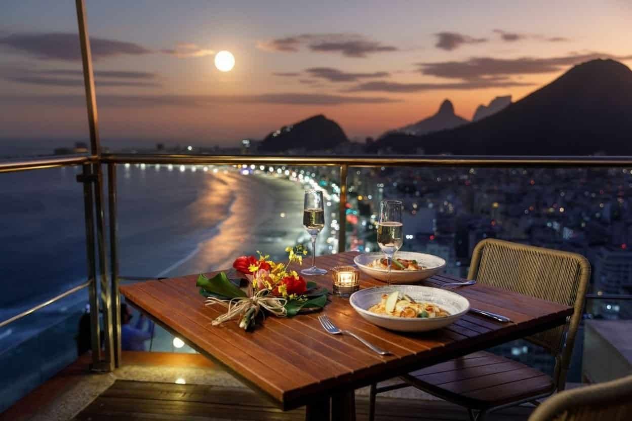 Molha quente com vista deslumbrante do pôr do sol na orla de rio de janeiro, jantar romântico no terraço do hotel, comida italiana e champanhe, cenário urbano e montanhas ao fundo, momento especial e inesquecível.
