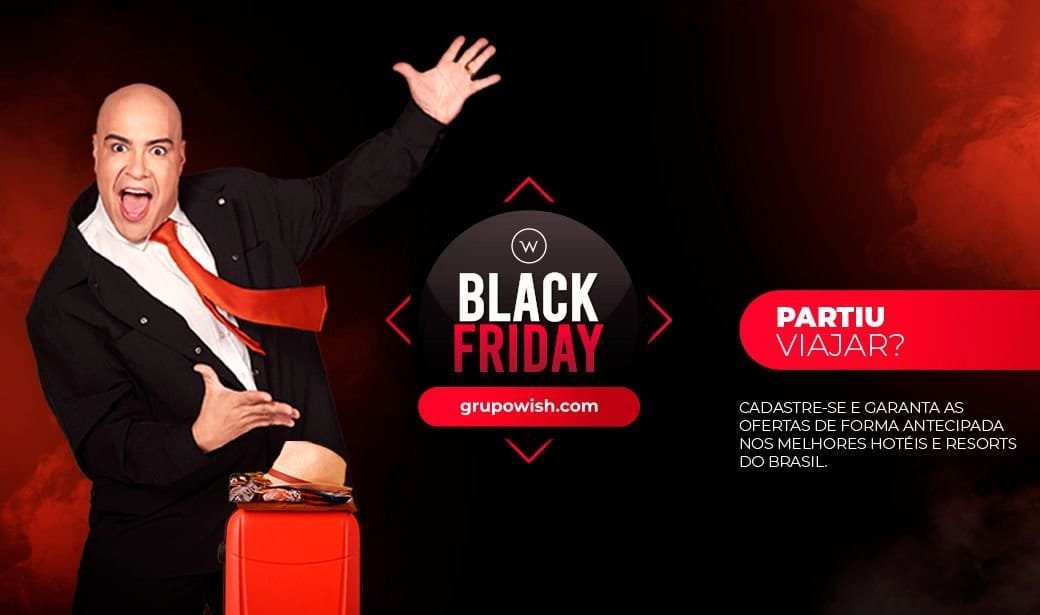 Voo promocional de Black Friday com oferta de viagens nacionais e internacionais, destaque para hotéis e resorts no Brasil, viagem econômica, reserva antecipada, descontos exclusivos, pacote de viagem, agendamento fácil.