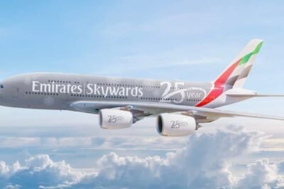 Emirates Skywards avião comemorativo de 25 anos voando acima das nuvens, destaque para celebração do aniversário da companhia aérea com look moderno e inovador.