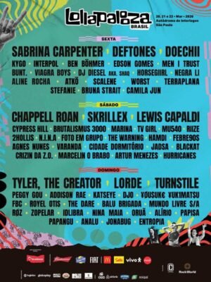 SuoViaggio - Cartaz do festival Lollapalooza Brasil destacando artistas e performances de 20 a 22 de março de 2026 no Autódromo de Interlagos, São Paulo.