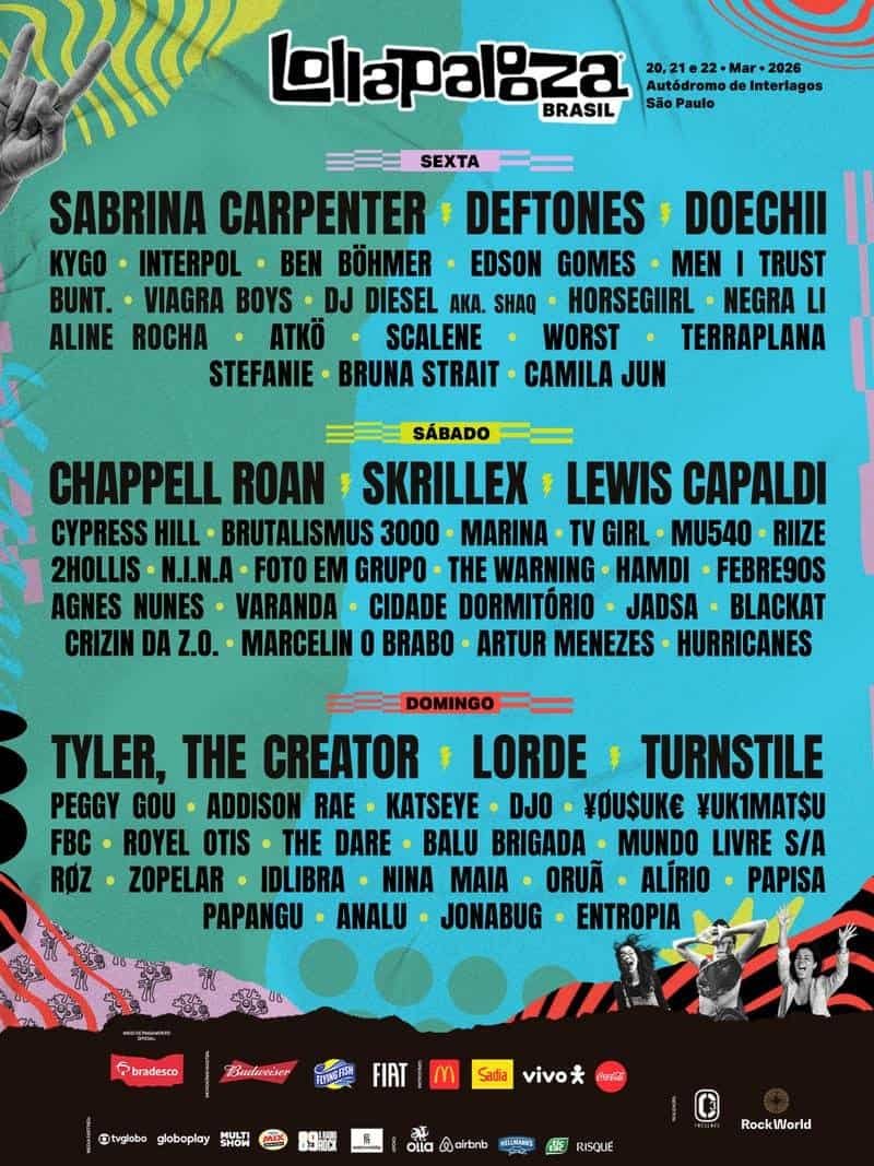 SuoViaggio - Cartaz do festival Lollapalooza Brasil destacando artistas e performances de 20 a 22 de março de 2026 no Autódromo de Interlagos, São Paulo.