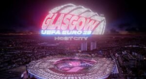 drones above hampden creating the glasgow uefa euro 2028 host city logo
