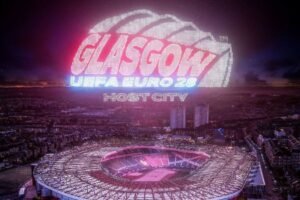 drones above hampden creating the glasgow uefa euro 2028 host city logo