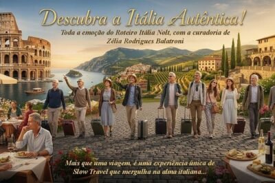 Imagem de um grupo de turistas caminhando ao longo do Lago de Como, na Itália, com vista para o Coliseu de Roma ao fundo, promovendo roteiros de viagem na Itália.