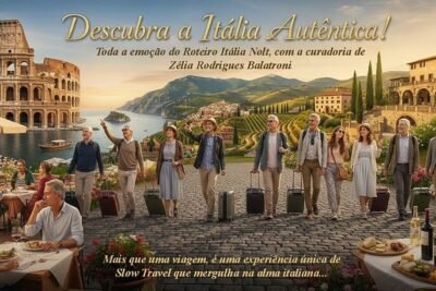 Imagem de um grupo de turistas caminhando ao longo do Lago de Como, na Itália, com vista para o Coliseu de Roma ao fundo, promovendo roteiros de viagem na Itália.