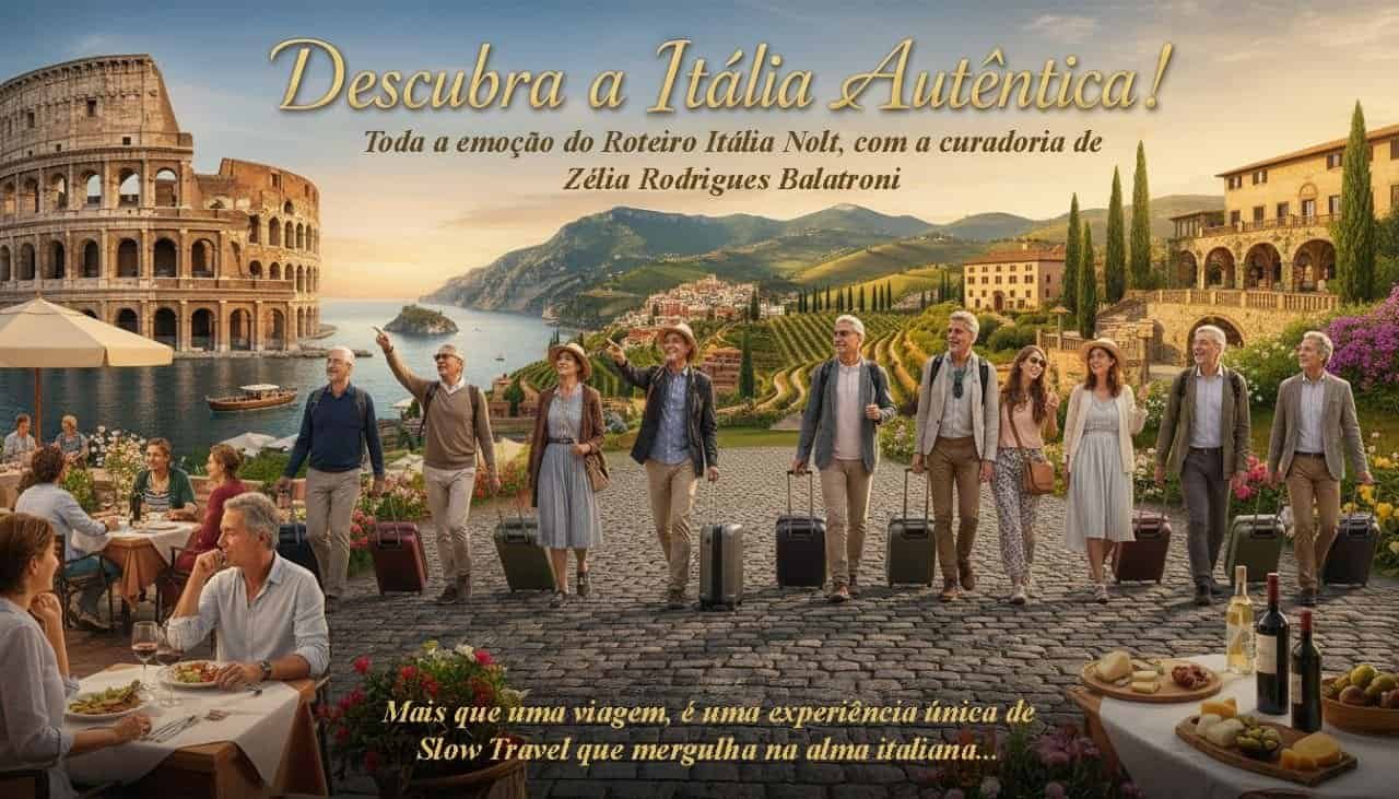 Imagem de um grupo de turistas caminhando ao longo do Lago de Como, na Itália, com vista para o Coliseu de Roma ao fundo, promovendo roteiros de viagem na Itália.